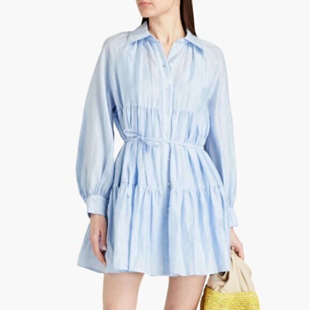 Sandro Tiphaine Linen Blend Light Blue Long Sleeve Dress Size 38